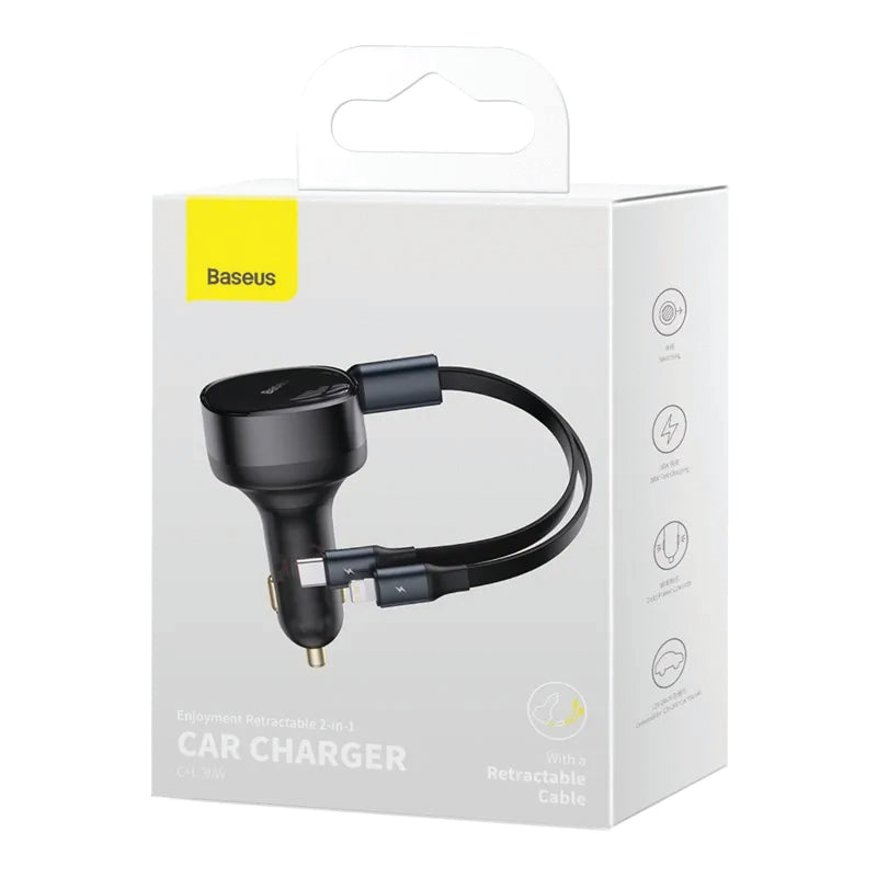 Baseus Car Charger Enjoyment Retractable dual Output Type-c & Lightning 30W Black CGTX000001