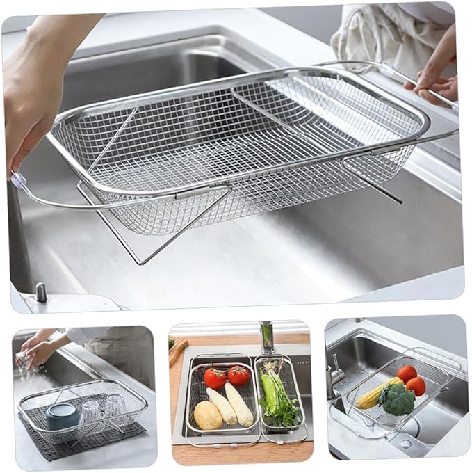 Over-the-Sink Colander Strainer Basket – Adjustable Stainless Steel Drain Rack