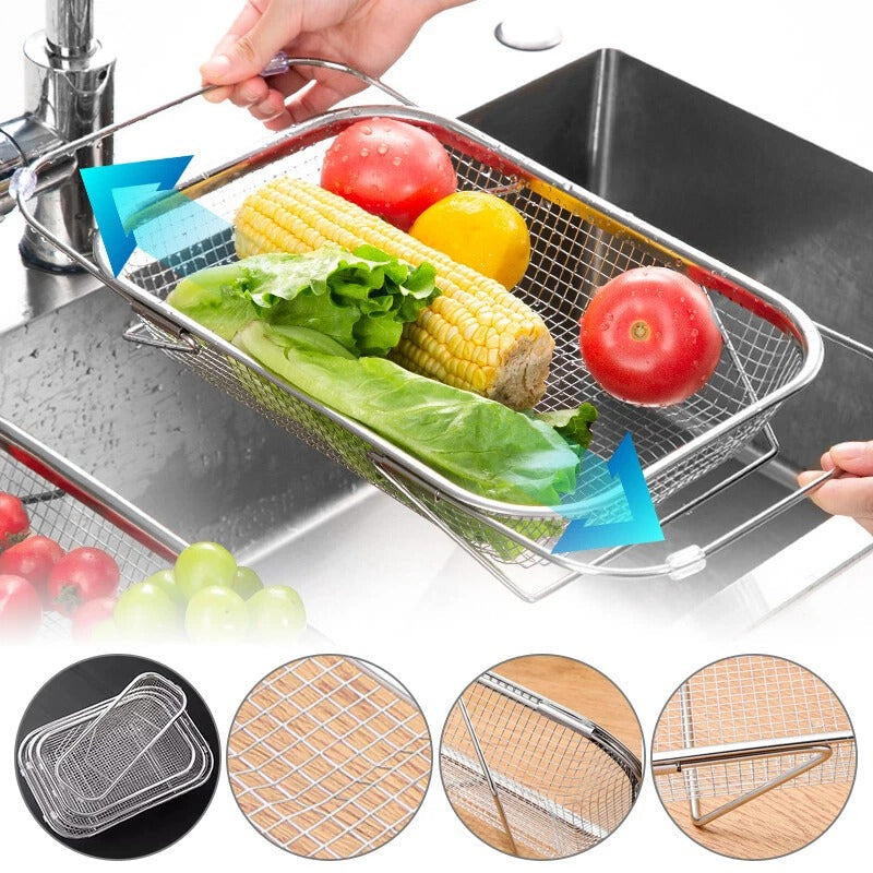 Over-the-Sink Colander Strainer Basket – Adjustable Stainless Steel Drain Rack