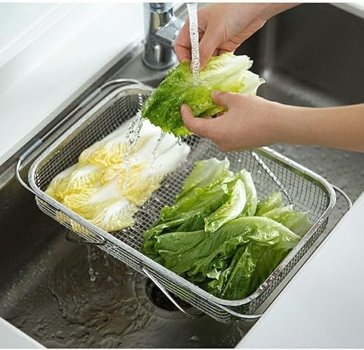 Over-the-Sink Colander Strainer Basket – Adjustable Stainless Steel Drain Rack